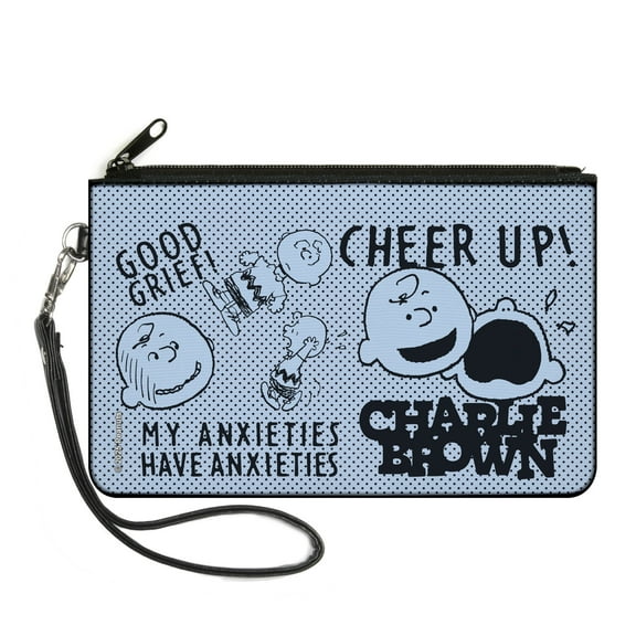 Peanuts Wallet, Zip Clutch, Charlie Brown Poses and Quotes Baby Blue Black, Canvas