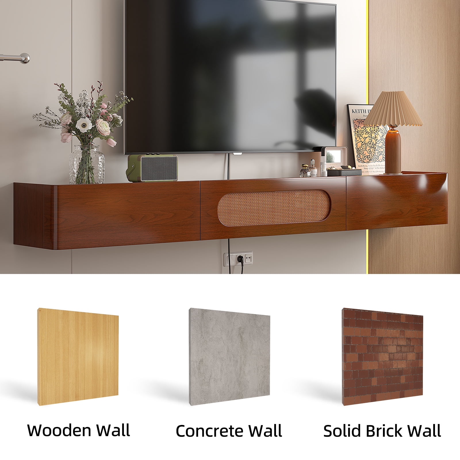 FloatiCasa 47" Fully Assembled Floating TV Stand Wall Mounted Floating Media Console with 2 Drawers and Rattan Door High Gloss Real Wood Veneer Entertainment Center for TVs up to 50"