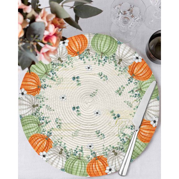 15 Inch Round Placemats Set of 4, Thanksgiving Pumpkins Non Slip Heat Insulation PP Table Mats, Fall Eucalyptus Rustic Leaves Vintage Washable Place Mats for Kitchen Dining Party Table Decor