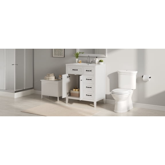 LiviNest 30" Freestanding Bathroom Vanity: 5-Zone Storage & 100% Quiet Soft-Close - White Ceramic Sink & Black Handles for Small Bathrooms & Apartments