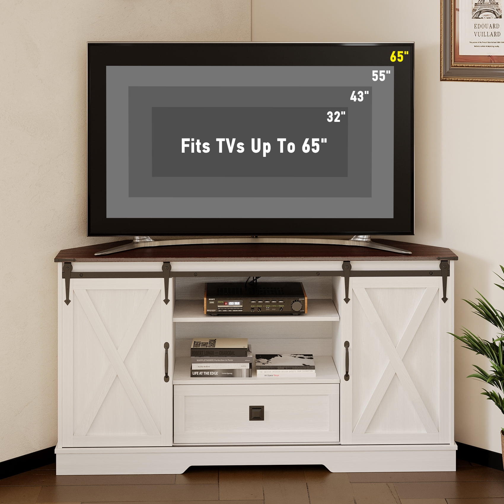 Melidee Corner TV Stand for 65 Inch TV, Sliding Barn Door Entertainment Center with Storage, 58" W x 15.7" D x 31" H, White