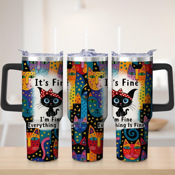 Colorful Cat Art Stainless Steel Insulated Mug with Lid and Handle, 30oz