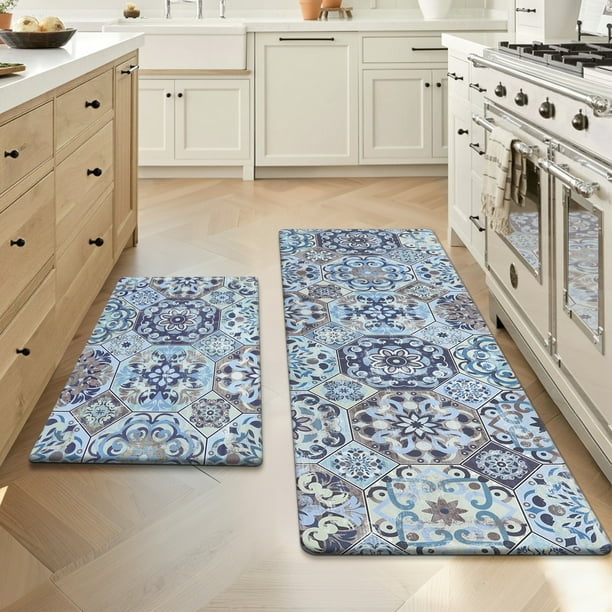 MeyJey Juego de 2 Tapetes de Cocina Boho, Tapete Acolchado Impermeable Antideslizante y Antifatiga para Cocina, Comedor y Lavadero, 18"x30"+18"x48" Azul Marino/marrón