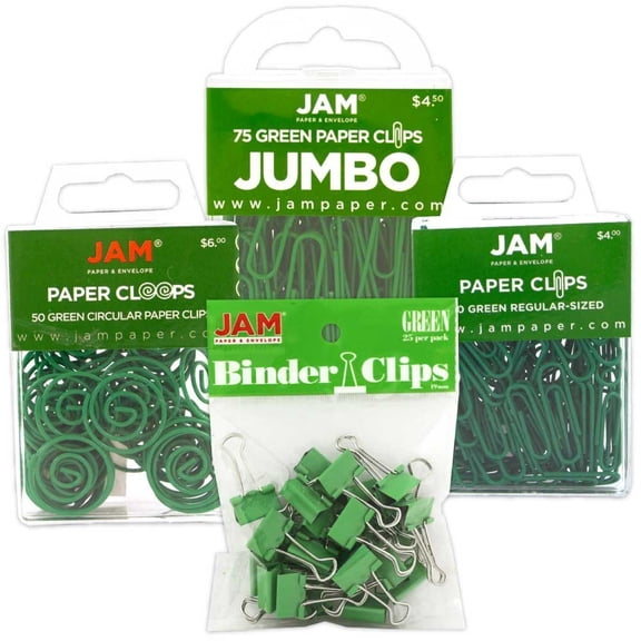 JAM Paper Office Clips, Green, 4/Pack, Binder Clips & Paper Clips
