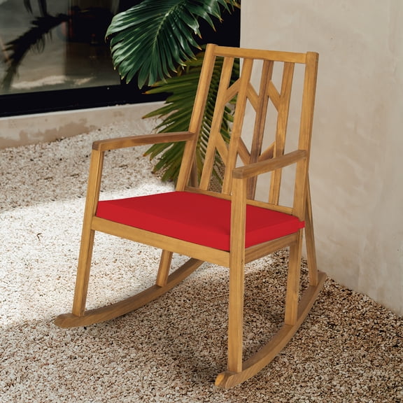 Costway Patio Rocking Chair Acacia Wood Armrest Cushioned Sofa Garden Deck Red