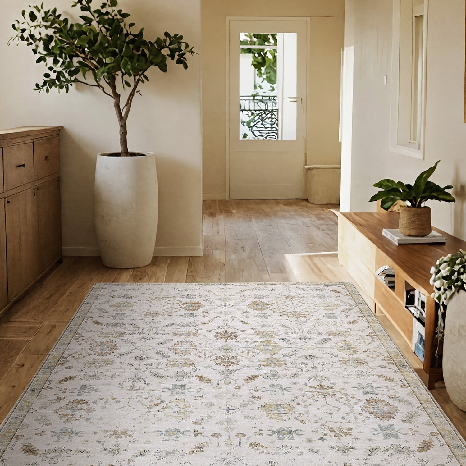 PABUBE Vintage Area Rug for Living Room 5'x8', Machine Washable Retro Boho Rugs Non Slips Bedroom Rugs Large Low Pile Carpet for Dining Room Home Office