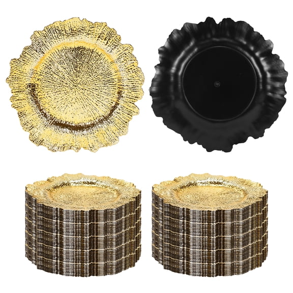 golytefs 100PCS Charger Plates Reusable Ruffled Plastic Plate 12In Dinner Plate (Gold)