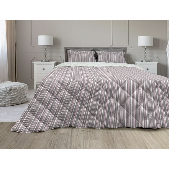 Geometric Comforter & Sham Bedding Set, Stripes Pattern Modern Art Inspired Abstract Geometric Vertical Lines, 3 pcs Duvet Set Microfiber Filling Quilt, 5 Sizes, Warm Taupe Pink White, by Ambesonne