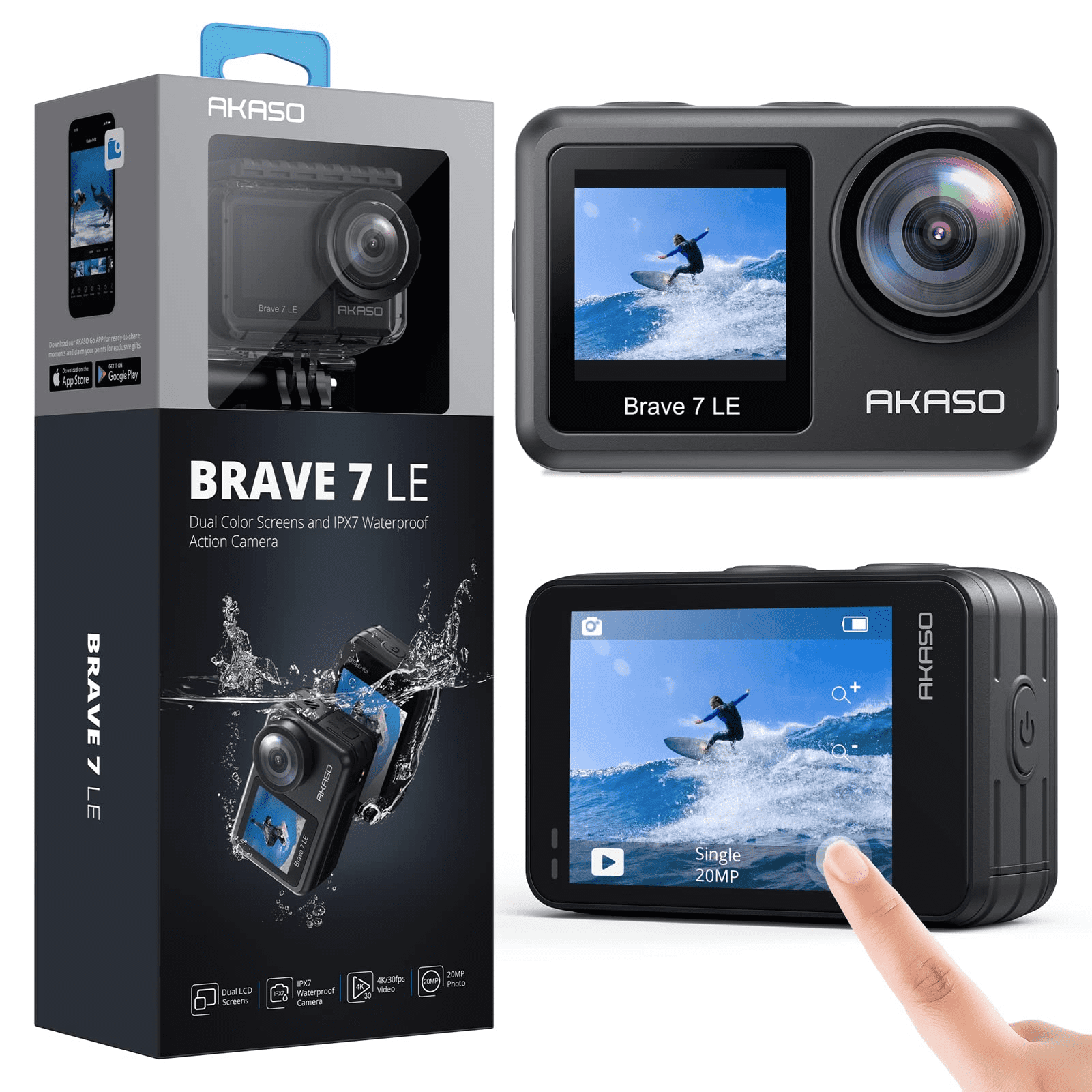 AKASO Brave 7 LE Action Camera 4K30FPS 20MP WiFi Action Camera with Touch Screen Vlog Camera EIS 2.0 Remote Control 131 Feet Underwater Camera with 2X 1350mAh Batteries