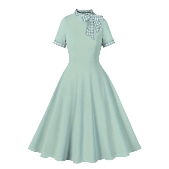 Busydd Womens 1950s Vintage Dress Fashion Bow Short Sleeve Cocktail Dresses Solid Color Flowy Midi Dress Formal Party Prom Dress Elegant Homecoming Dresses