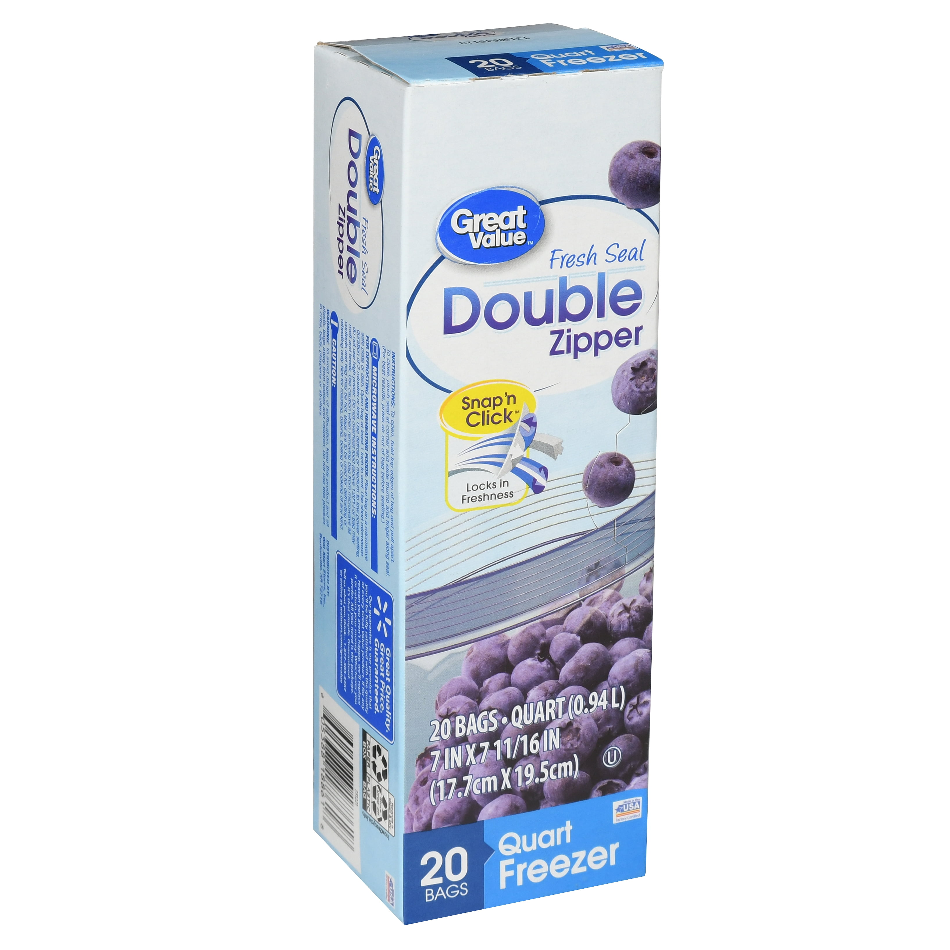 Great Value Double Zipper Quart Freezer Bags, 20 Count