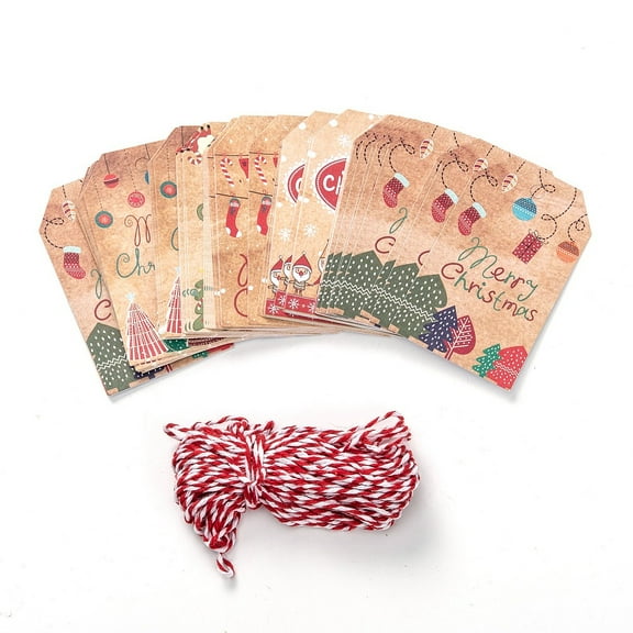 1bag Paper Gift Tags Hang Tags with Jute Twine for Christmas Decoration Christmas Themed Pattern 7.6x4.5x0.02cm Hole: 5mm 50pcs/bag