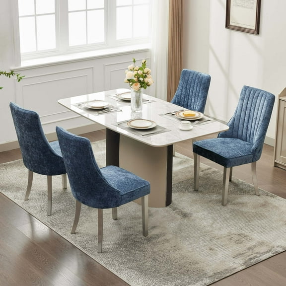 Set of 4 Rayon Cloth Flocking Chenille Dining Chairs Channel Kitchen Dinner Chair Comfy Fabric Upholstered Accent Chair for Dining Room with Silver Brushed Stainless Steel Legs (Blue)