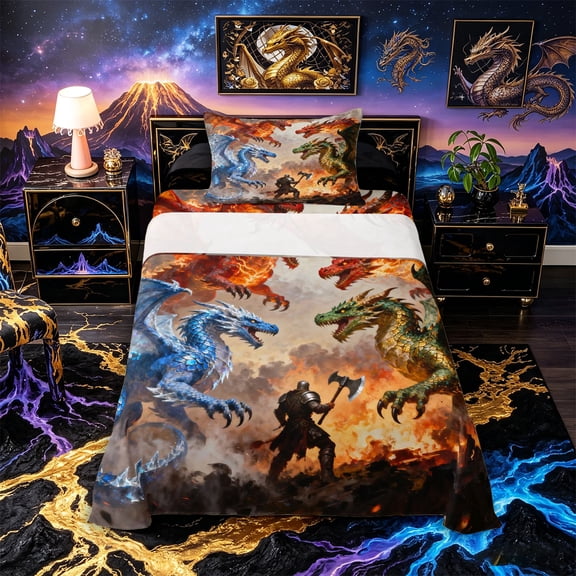 Metsweet Magic Dragon Twin Sheets 3pcs, Abstract Animal Bedding, Red Blue Green,1 Fitted Sheet, 1 Flat Sheet and 1 Pillowcase