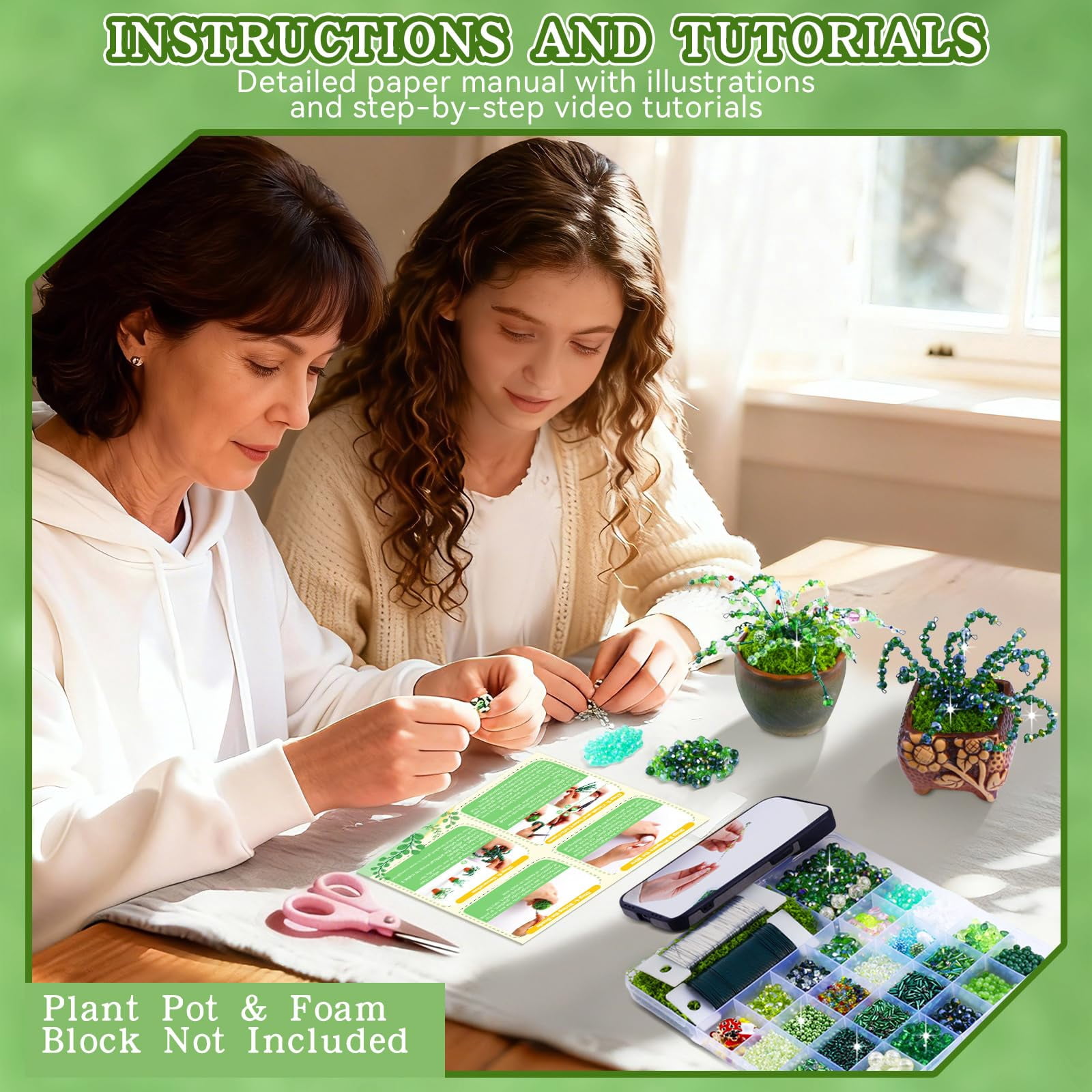 5500 Pcs DIY Beaded Plant Kit, Forever Plant Beaded Leaf Flower Beads Plant Making Equipped ,Green Glass Crystal Waterdrop