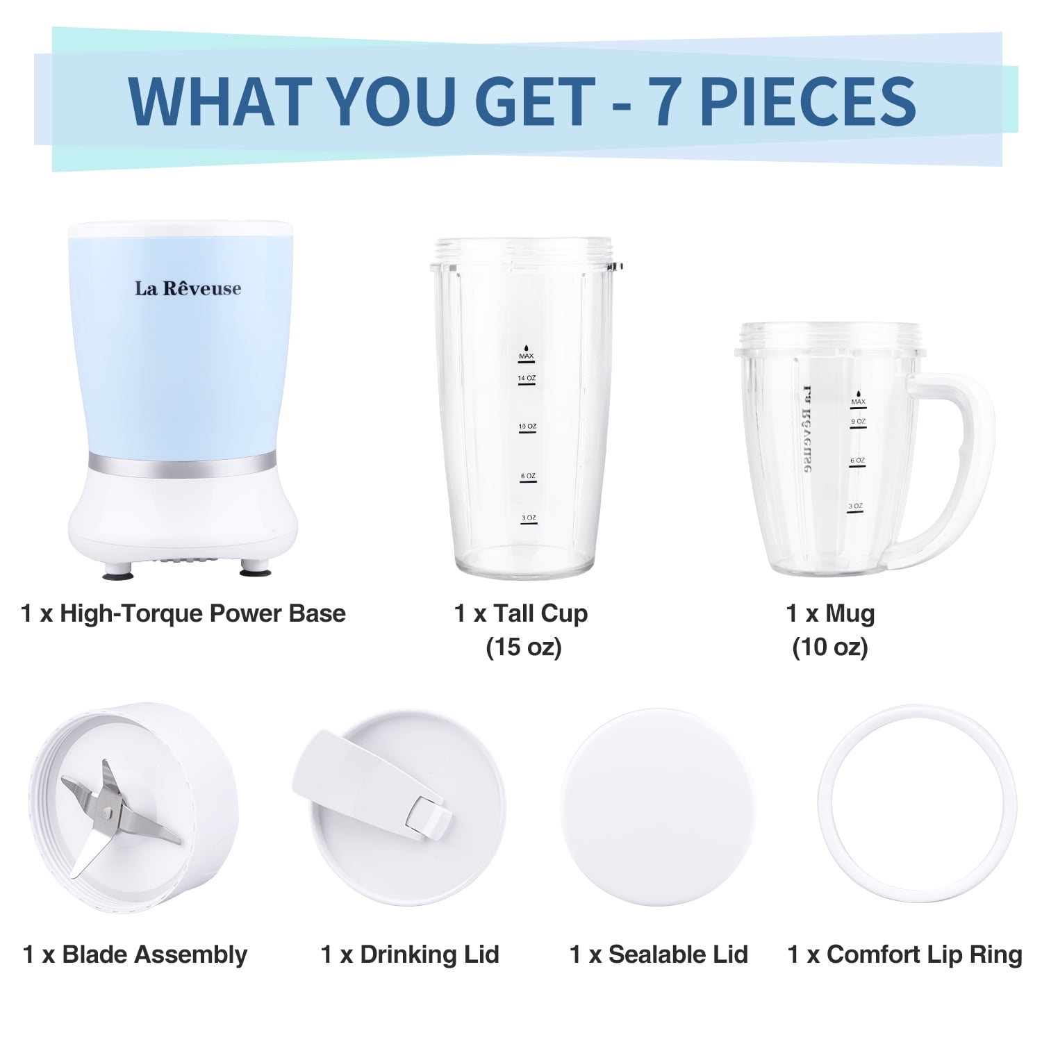La Reveuse Personal Size Blender 250 Watts Shakes Smoothies with 1 Piece 15 oz Cup,1 Piece 10 oz Mug