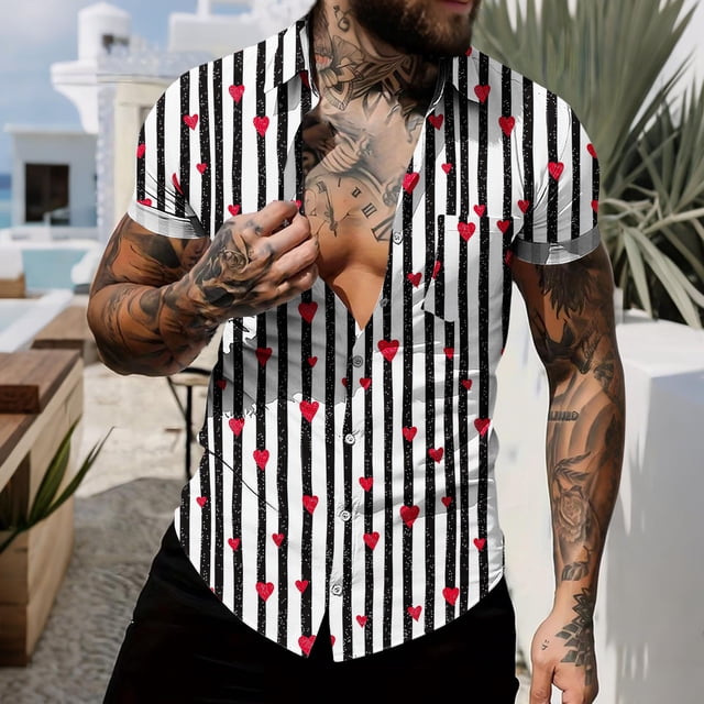 Ceisia Men Casual Fashion Turndown Collar Stripe Printing Gift Short Sleeve Button Shirt