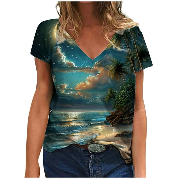Cilsoka Graphic Tees for Women Oversized, Womens Short Sleeve Tops Summer Fashion Animal Print T Shirt Casual V Neck Button Blouses Sea Turtle Graphic Tees