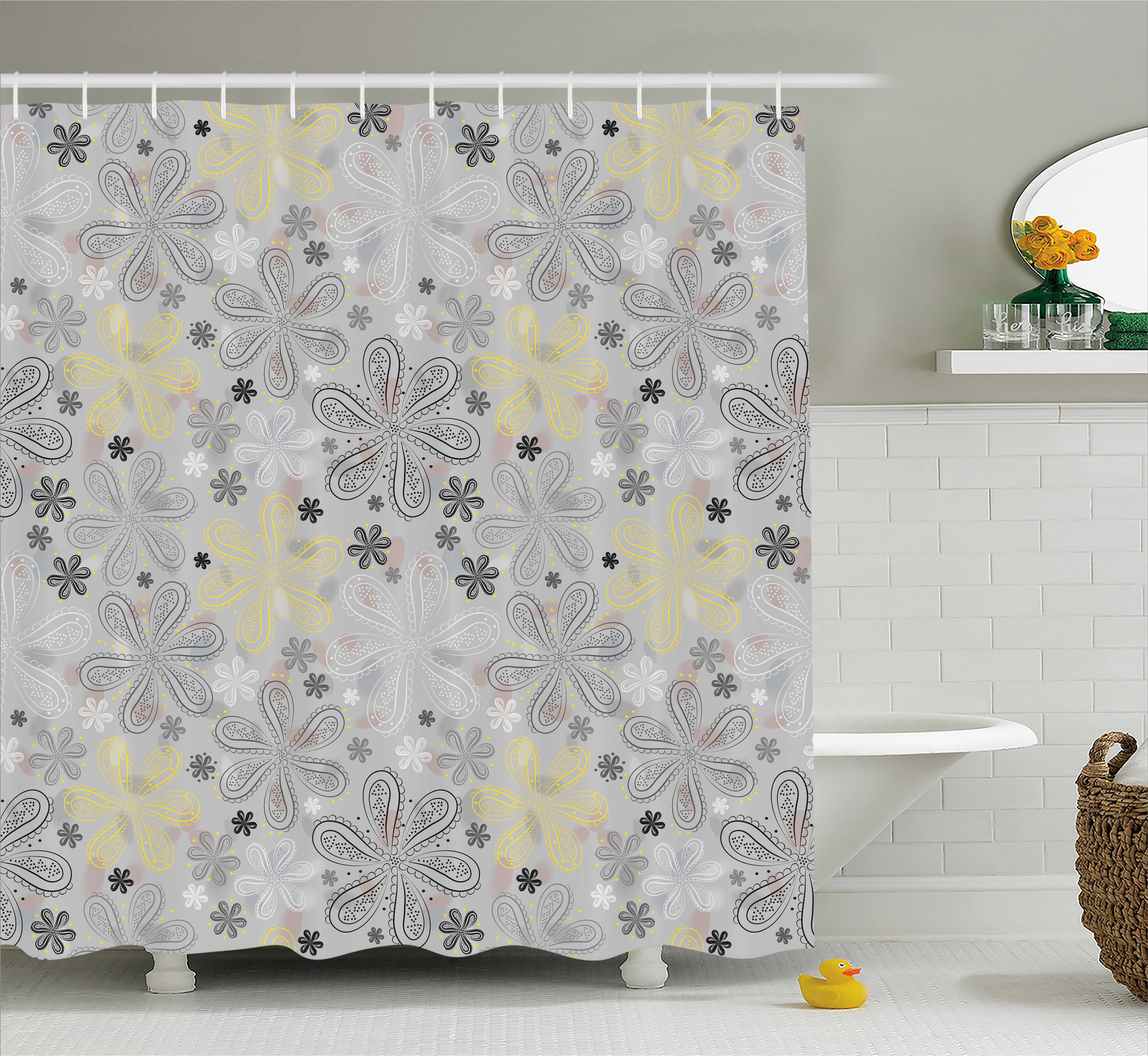 Grey and Yellow Shower Curtain, Ethnic Bohem Style Paisley Print