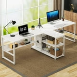 Tribesigns Two Person Desk with Storage Shelves and Tiltable Tabletop ...