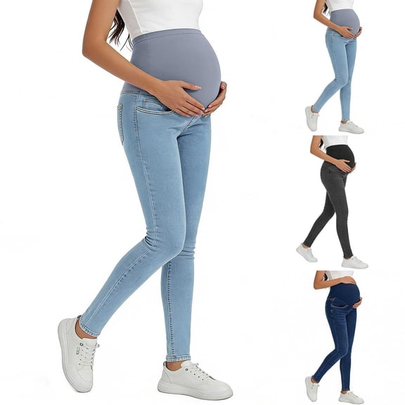 Hueook Maternity Leggings Pregnant Women Elastic Waist for Breathability Leisure Sportsstraight-leg Jeans Full Length Pants Blue M