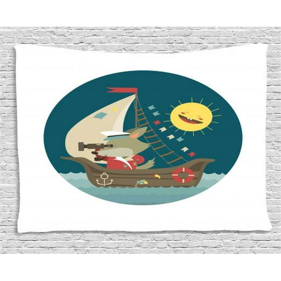 Kids Boys Tapestry Wolf Captain Sailing Into The Ocean Nautical Themed Cartoon With Laughing Sun Wall Hanging For Bedroom Living Room Dorm Decor