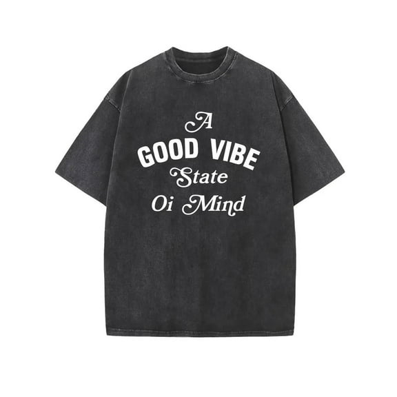 Washed Tee Black S-2XL Good Vibe Print Washed Short Sleeve Cotton T-Shirt Top Casual Summer Plus Size