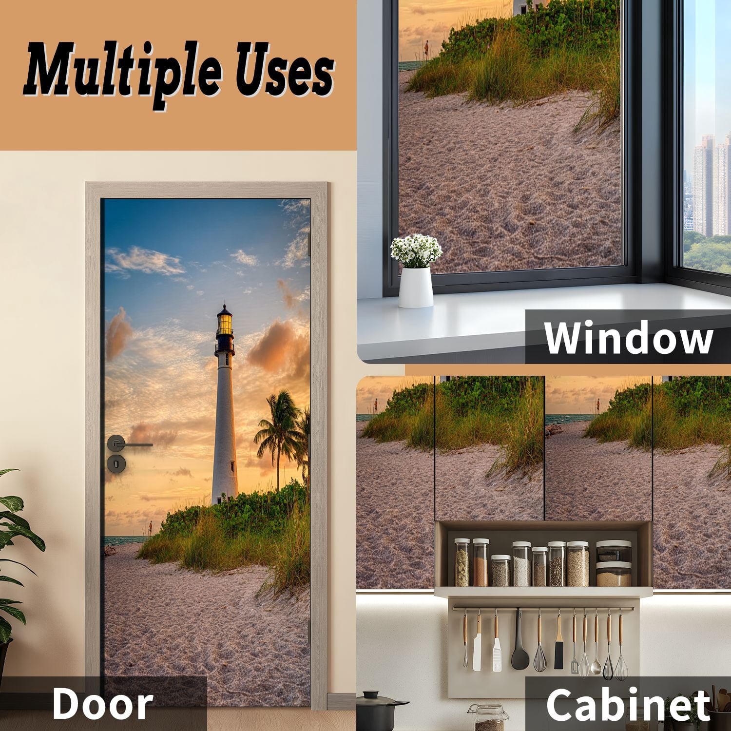 Self Adhesive Vinyl Refrigerator Wrap Set Cape Florida Lighthouse Lantern Park Florida Door Mural Removable Fridge Sticker Peel and Stick&nbsp;Full Door Cover Decal Kitchen Bar Decor