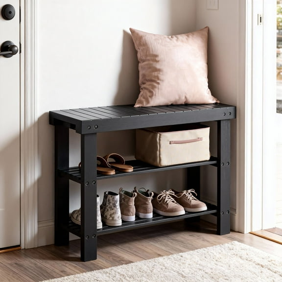 LEDREM 3-Tier Bamboo Shoe Rack Bench, Entryway Storage Organizer with 2 Shelves, Multi-Purpose Hallway Seat & Shelf, Holds 286lb, Easy Assembly, Ink Black