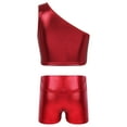 thumbnail image 2 of TSSOE Kids Girls 2 Piece Dance Athletic Tracksuit Shiny Metallic Sleeveless Single Shoulder Crop Top Red 150, 2 of 6