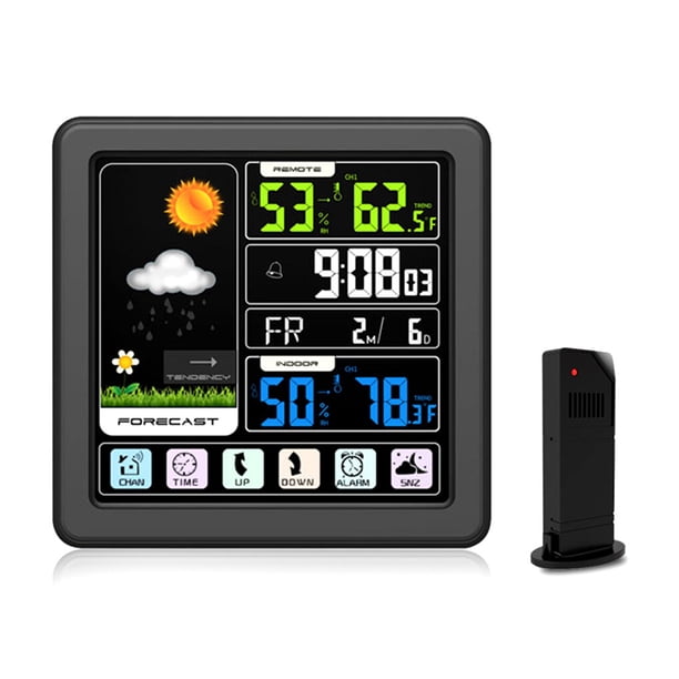 sweethay Estación meteorológica inalámbrica LED, reloj de cabecera, pantalla a Color, termómetro para guardería, medidor de humedad, Accesorios para electrodomésticos Negro