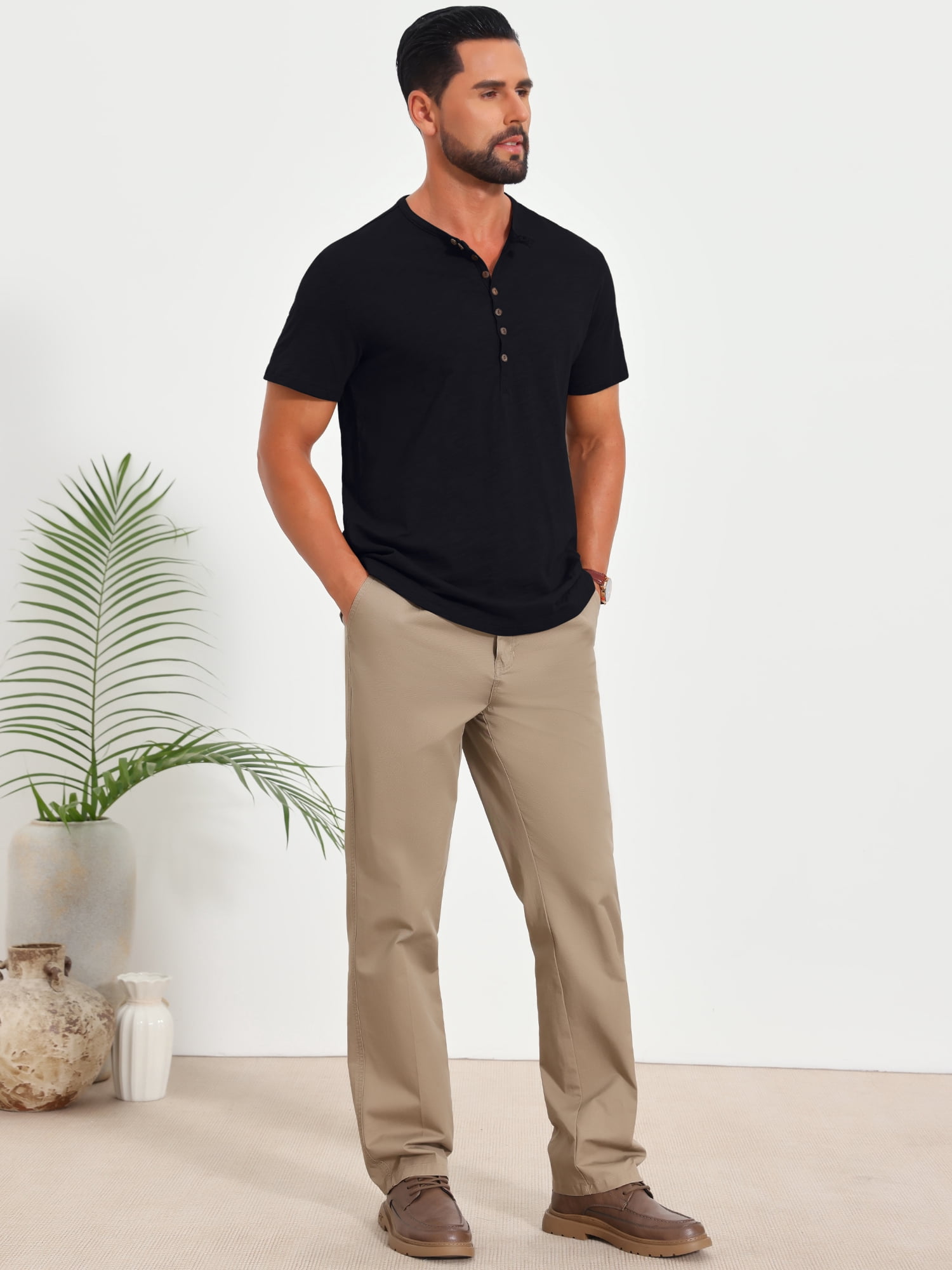 DARING DIVA Men's Retro Henley Texture Button Down Short Sleeve T-Shirt L Black