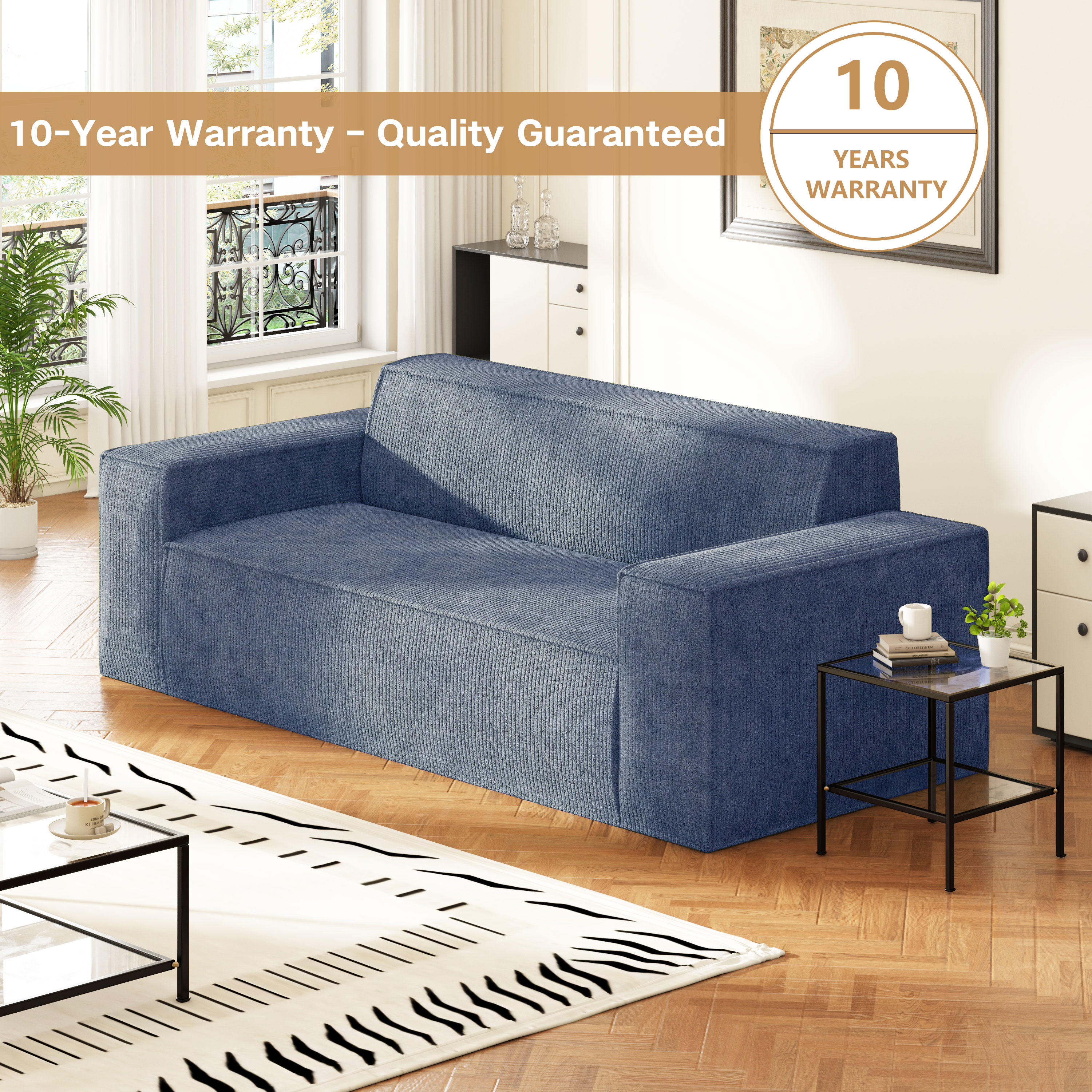 Sofa-in-a-Box, Memory Foam 3-Seater Couch, No Installation & Easy to Transport, Deep Seat Modern Sofa with Corduroy Fabric, Couch for Living Room, Bedroom, Apartment, Home Office,Grey