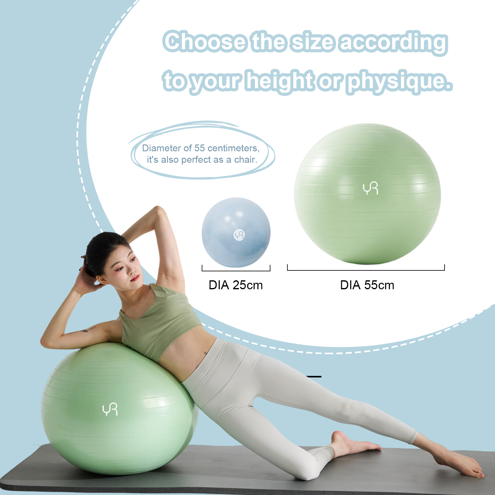 YR 55CM Exercise Ball, Anti-Burst Yoga Ball for Workout Pregnancy Stability, Pilates, Core & Balance Training and Physical Therapy, Green