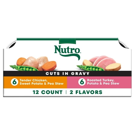 Nutro Cuts in Gravy Natural, Grain-Free Wet Dog Food Variety Pack, (12 Pack) 3.5 oz. Trays