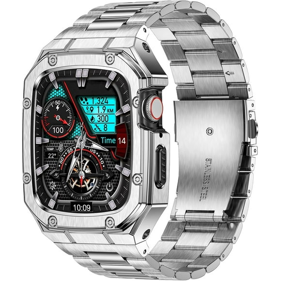 Biwat-Stainless Steel Band with Case Compatible with Apple Watch Ultra 2/1 49mm Series SE 9 8 7 6 5 4 3 2 1 38mm 40mm 41mm 42mm 44mm 45mm with Metal Protective Rugged Cover for iWatch Bands Men