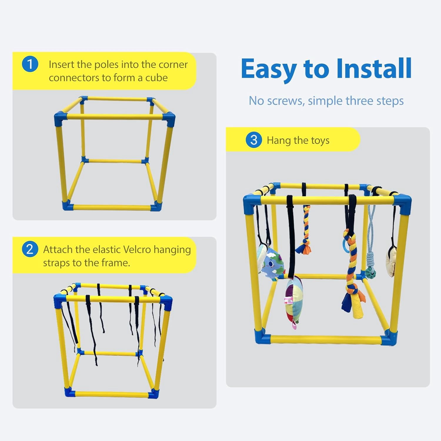 Puppy Play Gym with 8 Hanging Toys, Small Dogs Indoor Jungle Gym, PVC Frame with Bungee Straps Enrichment Activity Center