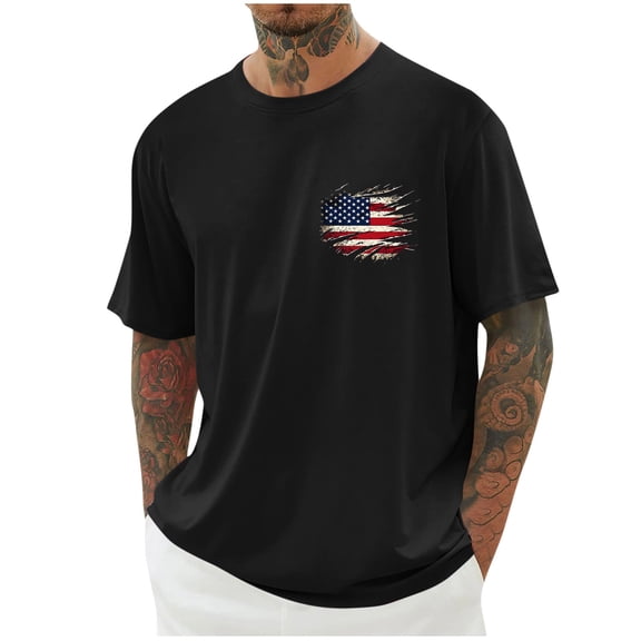 Aobny Men's T-Shirts Fourth of July Patriotic Shirts Short Sleeve Big & Tall Mens Shirts Casual Stylish,Black,L