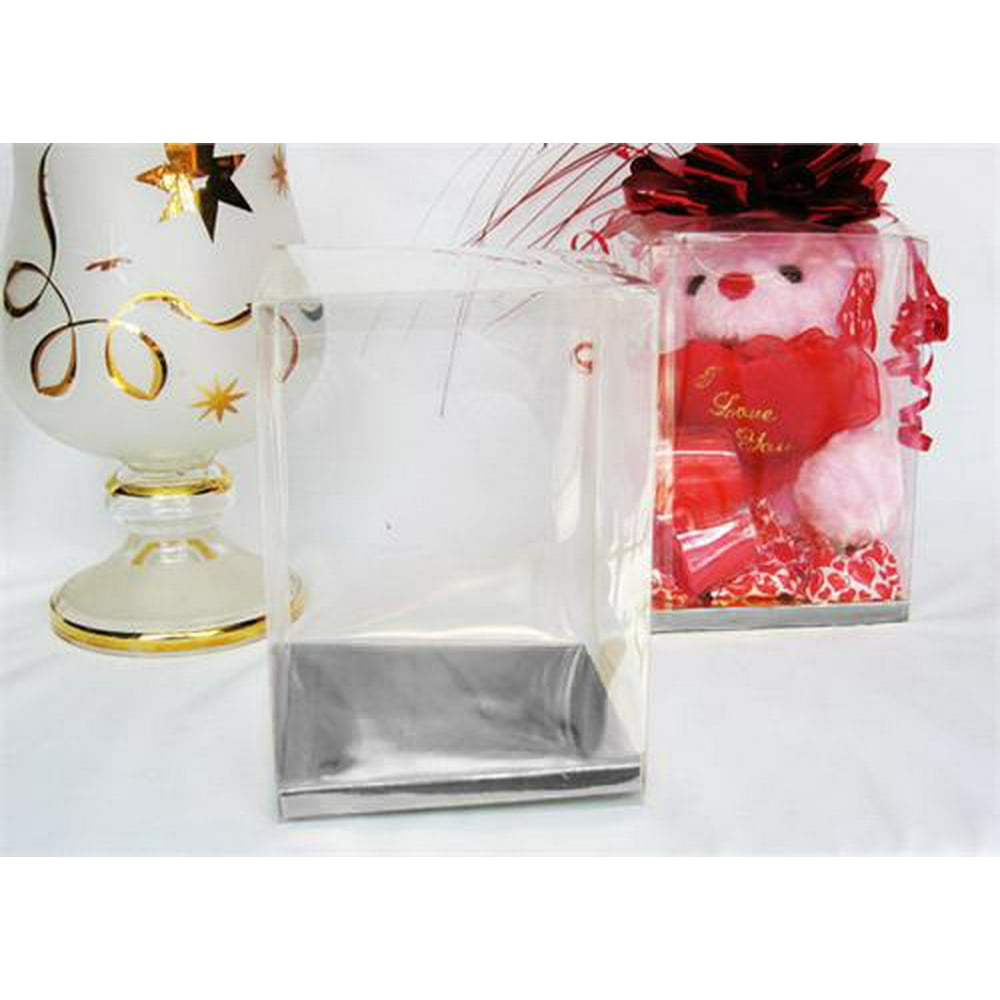 Clear PVC Plastic Favor Box with Silver Card Bottom 5x5x7 Inch 12 PCS