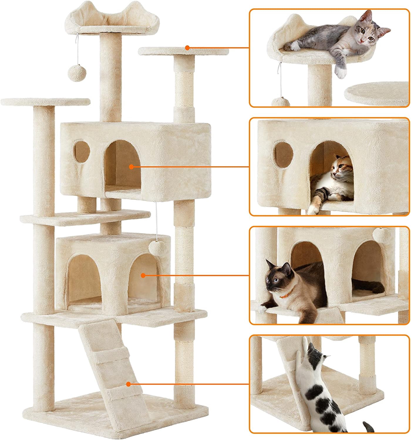 HWong 70in Multi-Level Cat Tree Tall Cat Tower Cat Furniture with Condo, Scratching Posts & Dangling Ball for Indoor Cats Activity Center, Beige