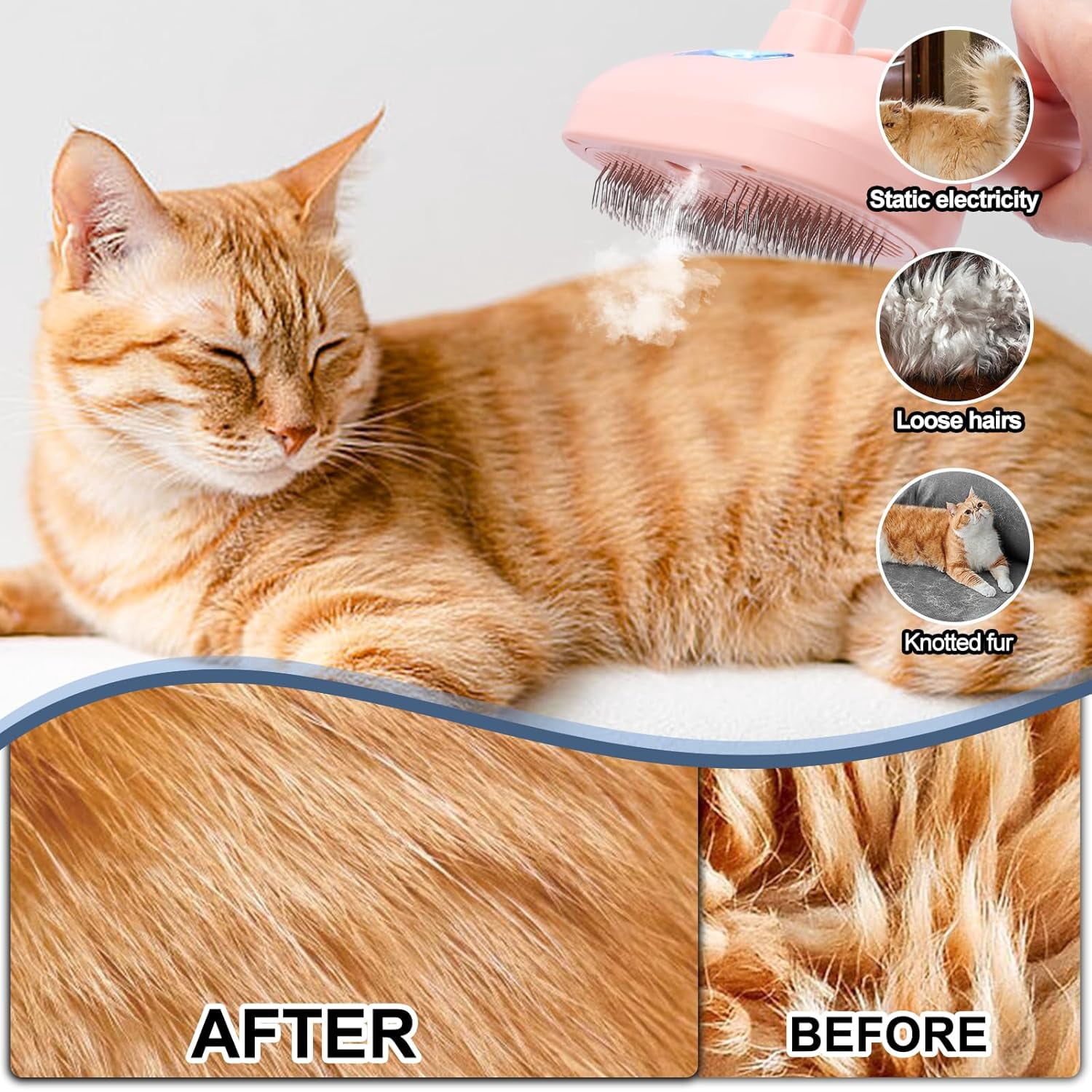 Cat Steam Brush - Steamy Pet Brush for Shedding, Misting Hair Brush for Long & Short Haired Cats, Dogs & Rabbits, Self Cleaning Grooming Tool (Pink)