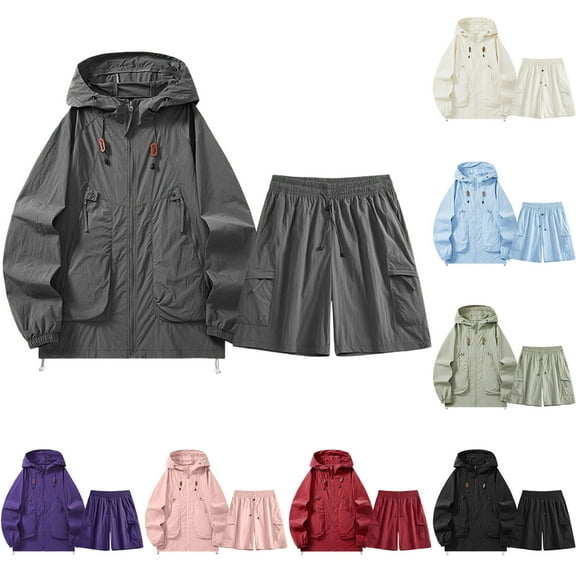 FRSASU Mens Solid Basic Long Sleeve Loose Hoodie Sweatshirt Drawstring Elastic Waist Shorts Set Wine