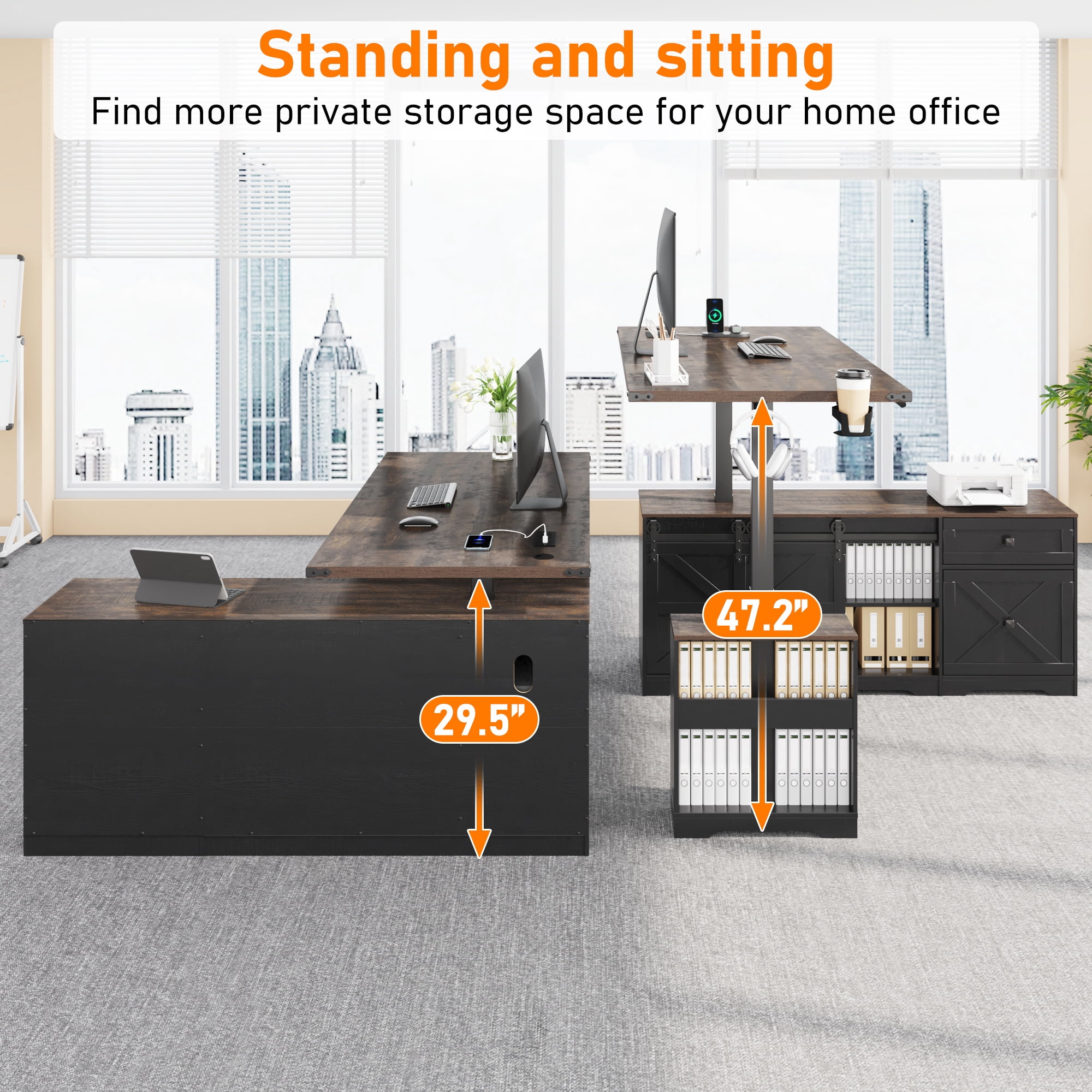 ANPOO 63" Farmhouse L Shaped Electric Standing Desk, Height Adjustable Corner Desk with Power Outlets, Storage Drawers and Adjustable Shelves, Standing Elegant Computer Desks for Home Office, Black