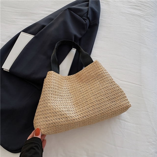 Zhuge Bolso de hombro tejido para mujer, bolso de mano tejido, bolso de mano tejido elegante para playa de verano, bolsos de hombro de 12,59 x 2,75 x 8,26 pulgadas (caqui y negro)