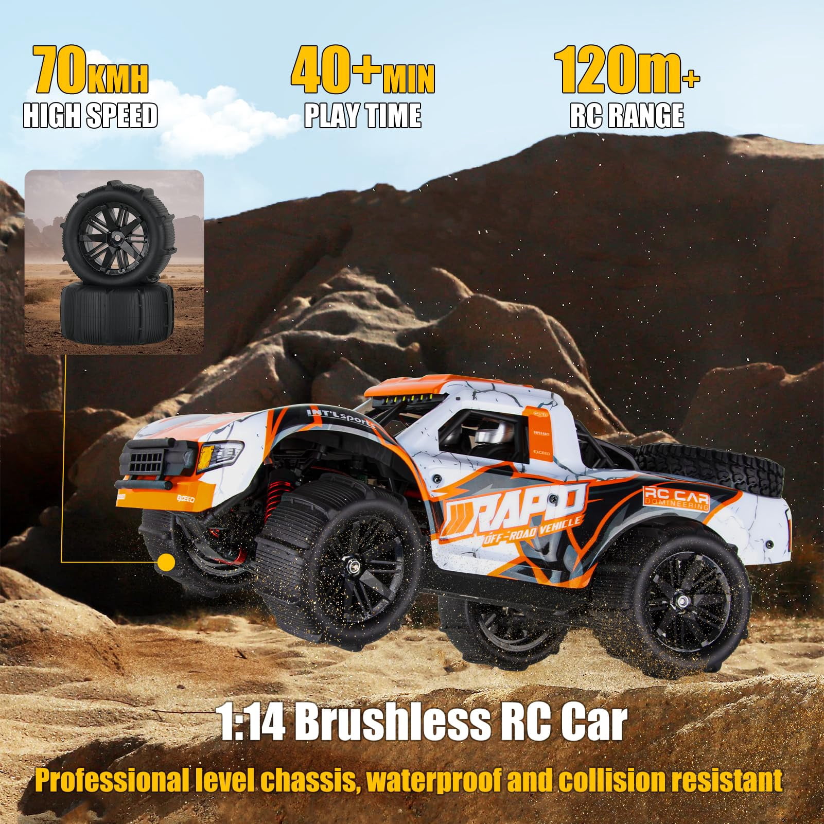 1:14 RC Cars 70 KMH High Speed Brushless Remote Control Car All Terrain Fast Trophy Truck for Adults, 4WD Off-Road Hobby RC Buggy 50 Mins Play