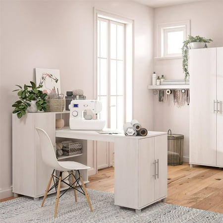 

SystemBuild Evolution Westford Hobby and Craft Desk with Storage Cabinet Ivory Oak
