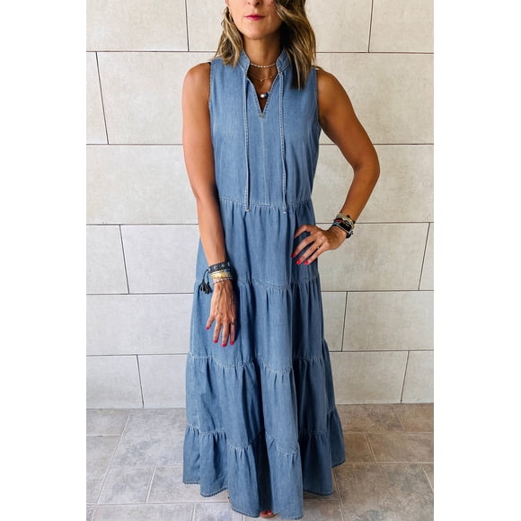 a.Jesdani Chic Blue Tiered Chambray Maxi: Effortless Elegance for You