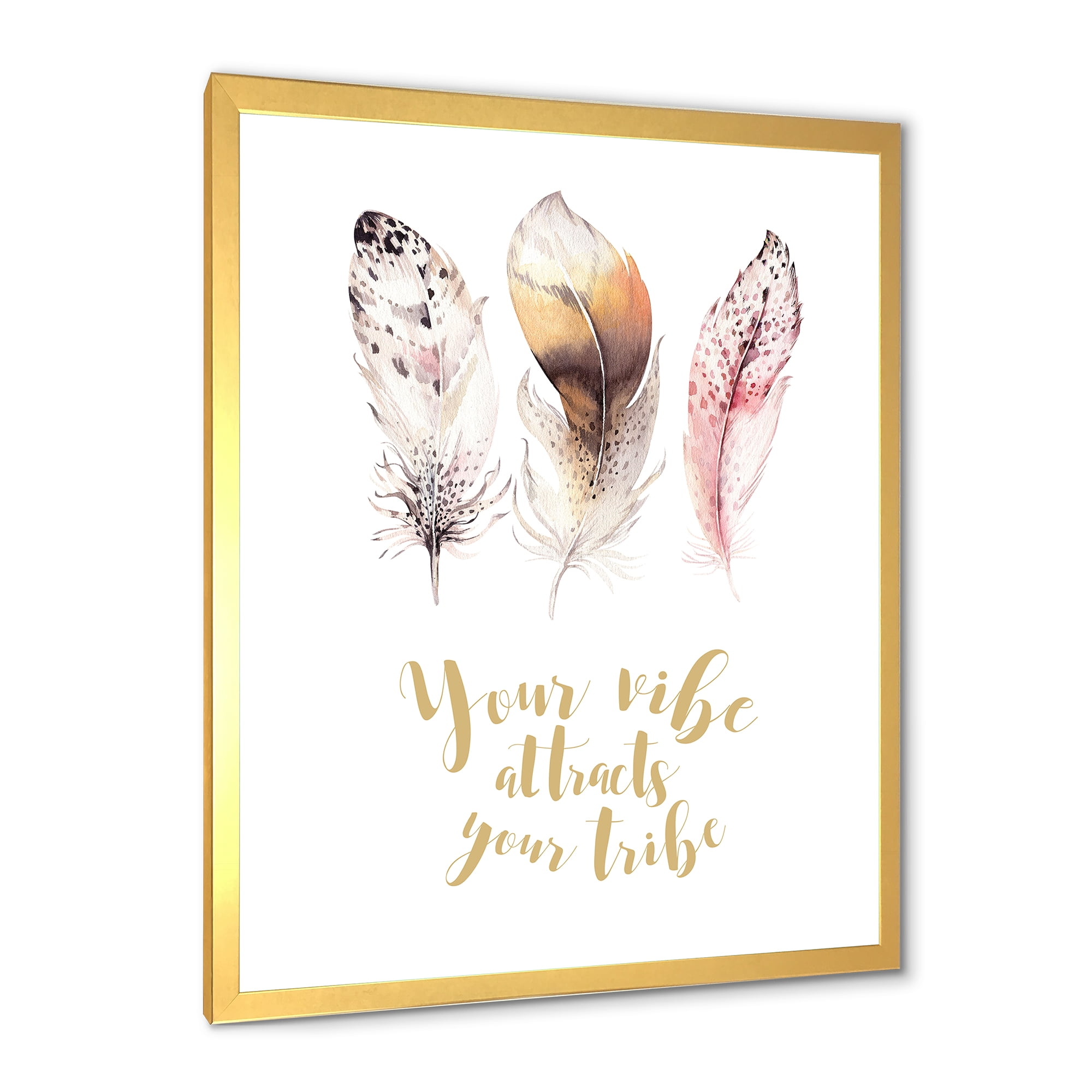 Designart 'Your Vibe Attracts Your Tribe Ethnic Feathers I' Bohemian & Eclectic Framed Art Print