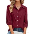 thumbnail image 3 of Womens Lapel Rolled Sleeve T-Shirts Button Down Long Sleeve Solid Color Blouses Perfect Tops for Office Work and Outgoing, 3 of 5