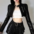 thumbnail image 5 of Black Classic Round Neck Irregular Hem Zipper Stitching Short Women'S Pu Faux Leather Jacket Black S, 5 of 9